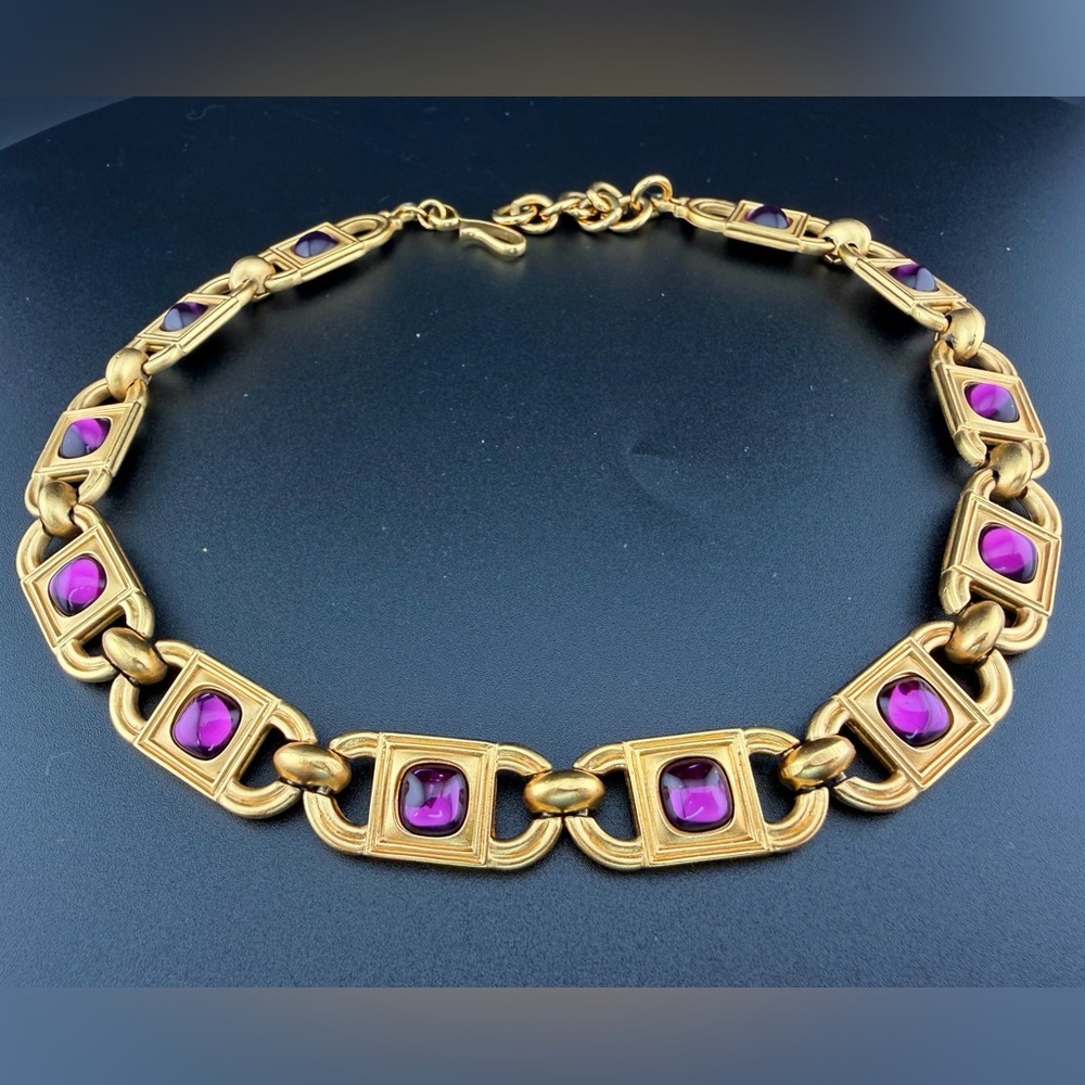 Monet for YSL 1980s Amethyst Glass Cabochon Link Necklace and earrings 68g